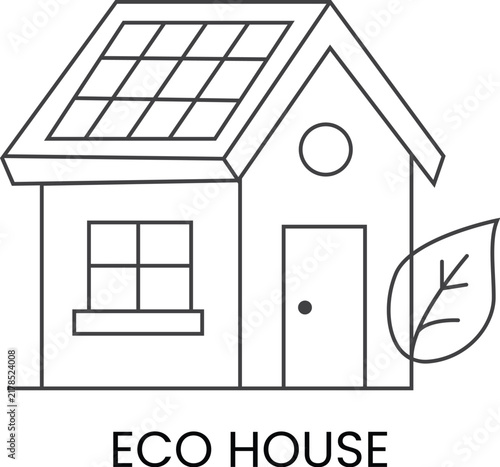 Eco house line icon vector illustration with solar panel and leaf, green energy smart home outline symbol