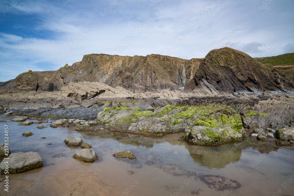 Fototapeta premium Sandymouth Bay layered cliffs rocks seaweed and rockpools