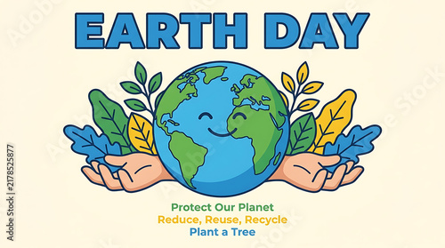 Earth day concept with human hands holding cute smiling globe and green leaves, protect our planet