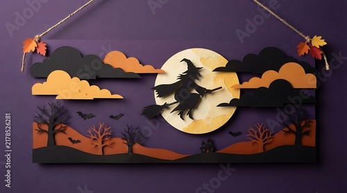 Paper art illustration of a witch flying in front of a full moon for halloween