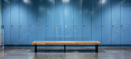 Modern blue metal lockers with a wooden bench in a spacious changing room corridor interior design. Empty storage cabinets in a public facility, school, gym, or corporate office building environment