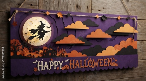 Festive halloween decoration with witch silhouette and pumpkin shelves on a purple background