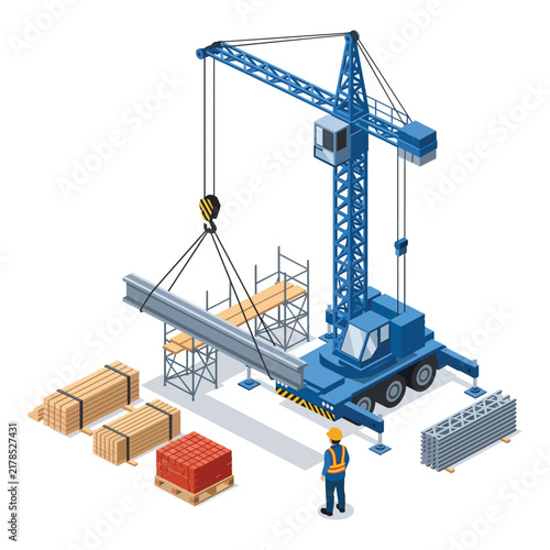 Isometric blue crane lifting steel beam at construction site with worker and materials, suitable for industry projects, architectural design and heavy machinery advertising.