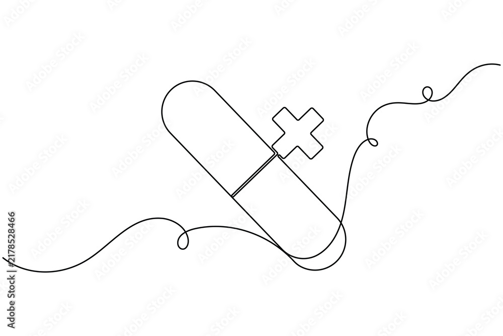 Obraz premium Medical service capsule pill with a cross icon sign continuous one line art drawing on white background minimalist emergency treatment of patient relief symbol editable outline vector illustration
