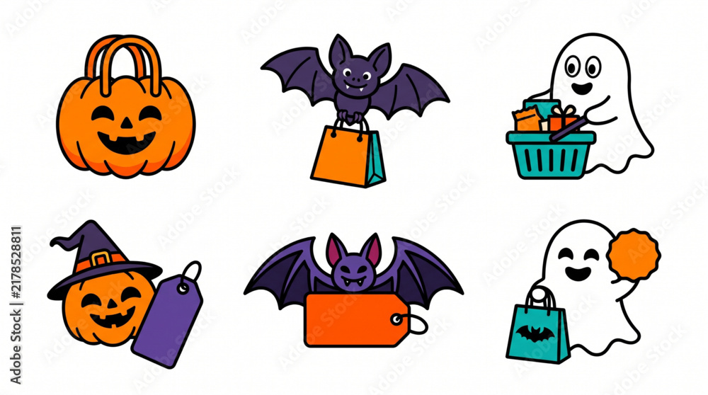 Fototapeta premium Halloween shopping icons set with cute pumpkin, bat, and ghost characters carrying bags and baskets.