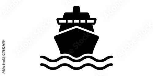 Cruise ship silhouette icon sailing on ocean waves for travel transportation tourism and maritime industry concepts.
