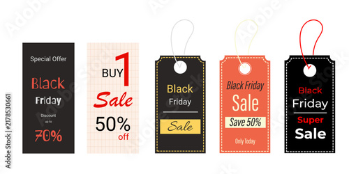A set of labels for a sale in honor of Black Friday, containing information about discounts and unique offers