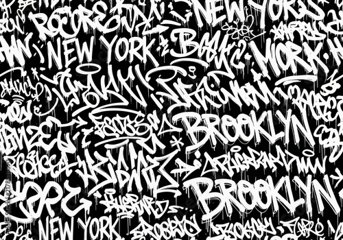 White graffiti tags with 'New York' and 'Brooklyn' text, dripping paint effect, isolated on transparent background, concept for urban art, streetwear design and music promotion.