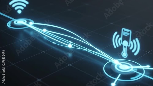 Digital network nodes connect forming a glowing internet structure with security icons with connecting various technology keys dark background video blue digital icons locks wifi