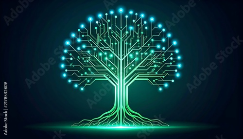 Digital network visualization with glowing nodes and connections.