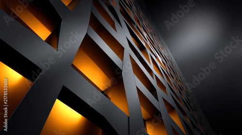 Modern skyscraper facade with glowing warm architectural lighting
