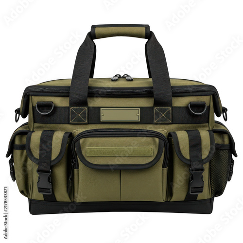 Olive green tactical duffel bag isolated