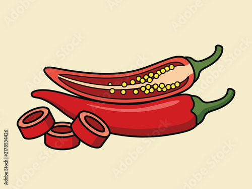 Bild auf Leinwand Red chili pepper cartoon illustration with sliced and whole pieces