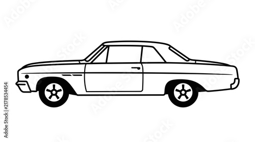 Vintage classic coupe car side view line drawing.
