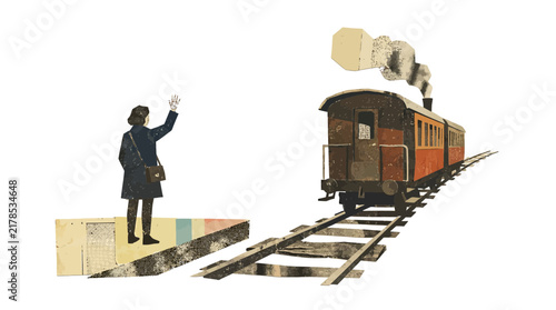 Vintage collage of traveler waving at steam train.