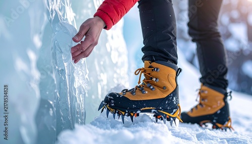 Person Touching Ice Wall Wearing Crampons and Hiking Boots in Snow.