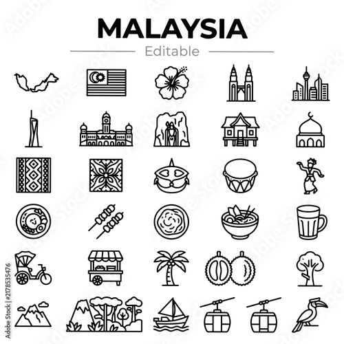 Malaysia Landmark, Food and Cultural Vector Icon Set