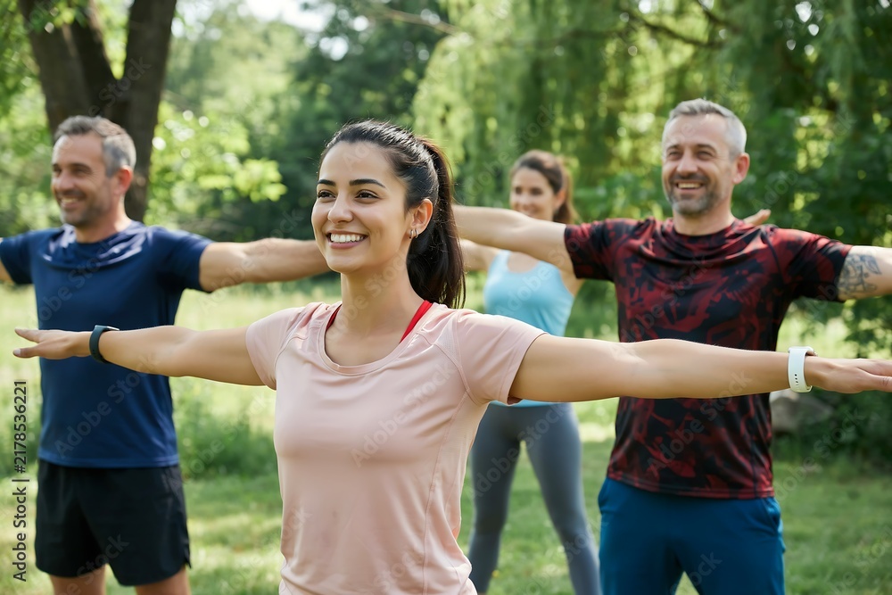 Obraz premium Diverse group of people exercising outdoors in a park during a morning fitness class.