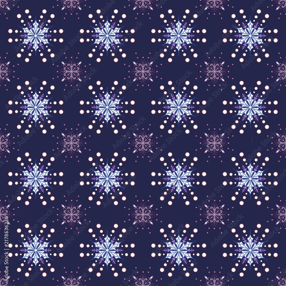 Dark blue and white winter snowflake seamless pattern, luxury holiday repeating background vector