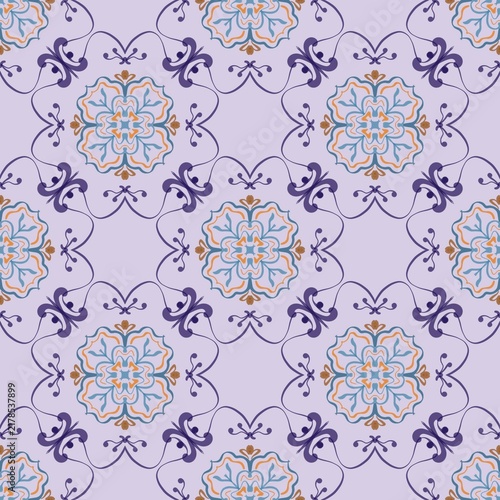  Vintage purple azulejo tile seamless pattern, ornate ceramic repeating background, vector illustration