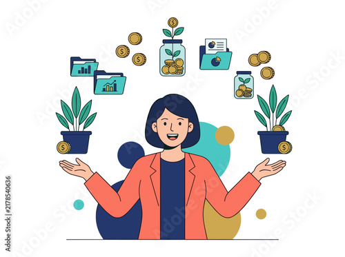 Canvastavla Vector flat design ilustration of woman managing finance investment and growth c