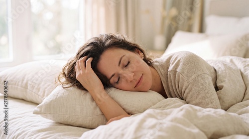 Woman sleeping peacefully on bed with soft bedding, natural light streaming through window, relaxed expression, cozy home bedroom, stress relief and wellness concept