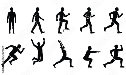 Man stands, walk and run icon set. People symbol. Person standing, walking and running illustration. Run, walk, stand. Vector illustration 