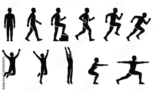 Man stands, walk and run icon set. People symbol. Person standing, walking and running illustration. Run, walk, stand. Vector illustration 