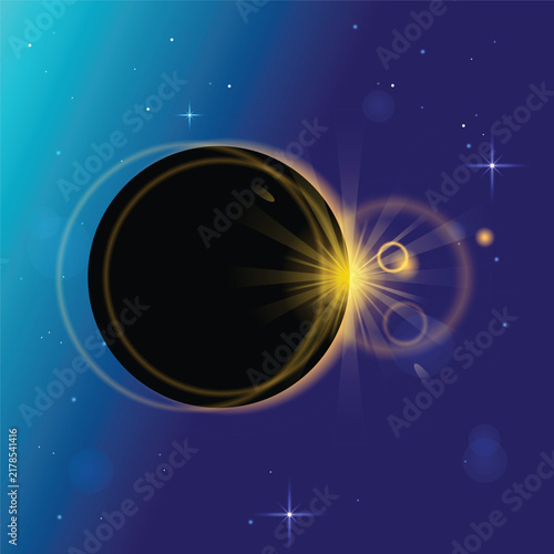 Golden Solar Eclipse Diamond Ring Effect in Deep Space Vector Background