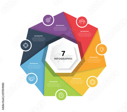 Circle chart infographic template with 7 options. Collection of vector circle chart infographic templates for presentations, advertising, layouts, annual reports. Venn diagram vector illustration.