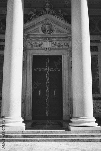Black And White View Of Church Doors And Columns