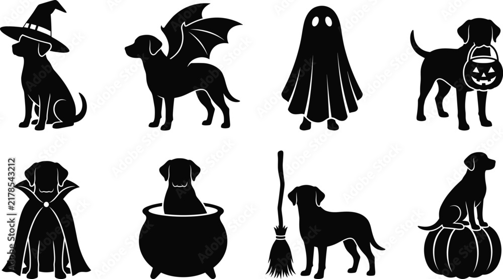 Fototapeta premium Halloween Dog Silhouette Collection in Spooky Costumes with Pumpkin Ghost and Witch Elements for Graphic Design Projects
