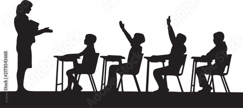 Teacher and students raising hands in classroom silhouette