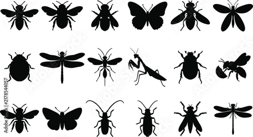 Insect and Bug Silhouette Collection with Bee Butterfly and Beetle Symbols for Nature Graphic Design Projects