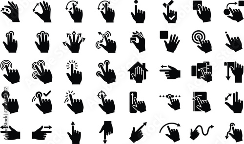 Touch Screen Hand Gesture Silhouette Icon Collection with Tap Swipe Zoom Symbols for User Interface Graphic Design Projects