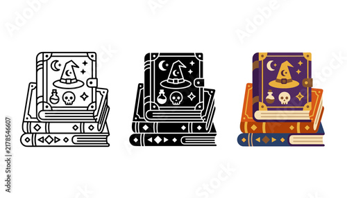 Three styles of a stack of magic spell books with witch hat and skull icons