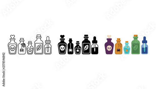 Set of potion bottles in line art, silhouette, and flat color styles