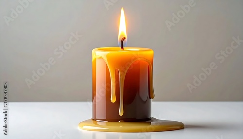 Warm candle in glass jar on wooden base.