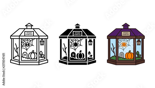 Three styles of a halloween spider habitat terrarium illustration