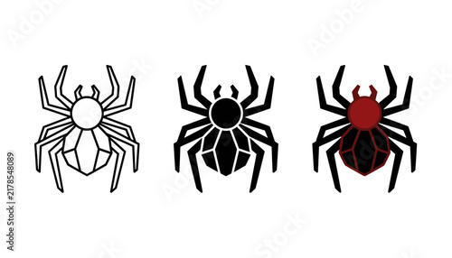 Three stylized spider icons in different color variations including outline, solid black, and black with red accents, vector illustration