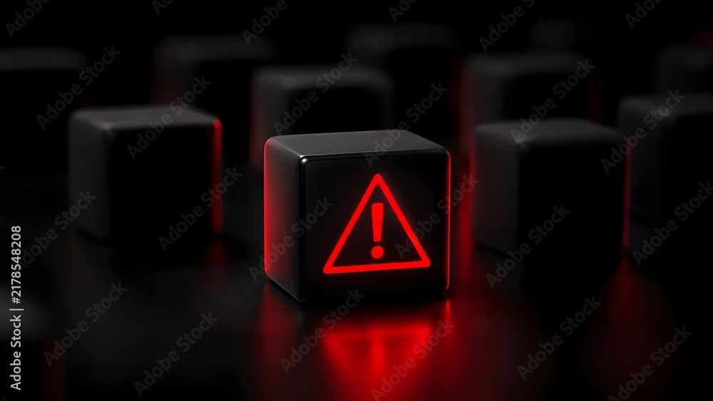 Fototapeta premium Highlighted black cube with glowing red warning exclamation mark representing data error system hazard and cybersecurity risk among digital blocks