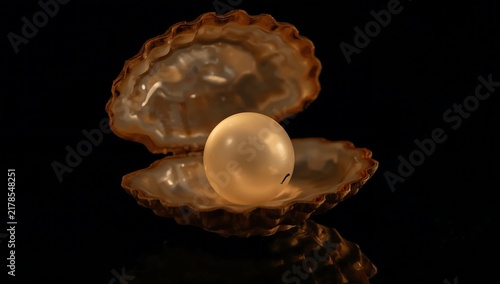 Single lustrous white pearl resting inside an open textured seashell against black background