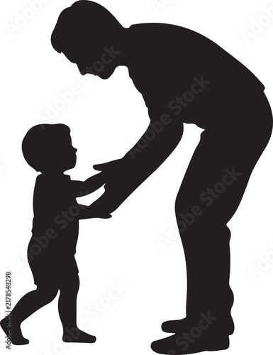 Father holding hands with toddler baby taking first steps