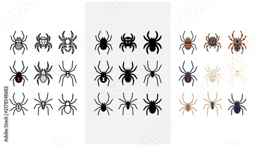 Set of various spider icons in line art, silhouette, and flat color styles