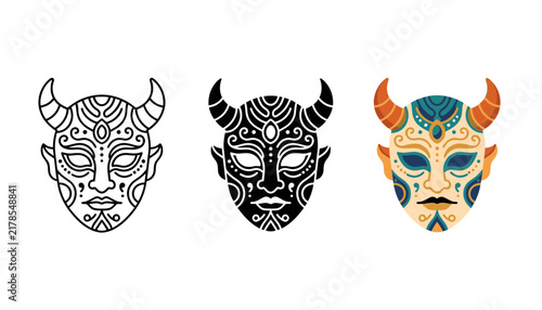 Three variations of a decorative horned mask design