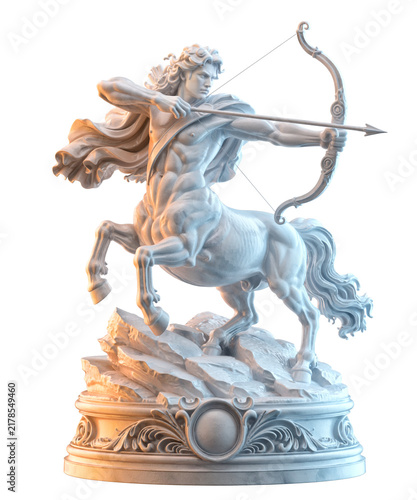Sagittarius zodiac centaur archer astrology horoscope marble sculpture statue archery depicting a mythological horseman drawing a bow and arrow, isolated on transparent png background