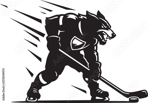 Photography Hockey Wolf Mascot Playing Ice Hockey, Aggressive Sports Vector Illustration