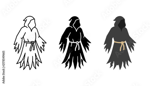 Three variations of a hooded grim reaper figure icon