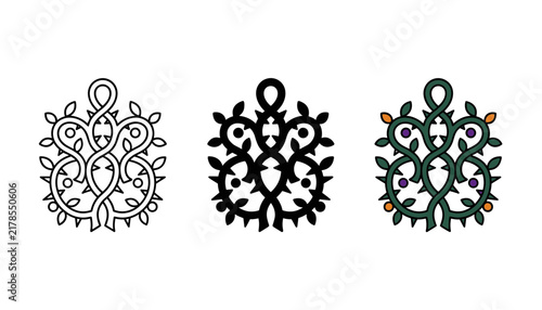 Three variations of a stylized thorny vine plant logo icon