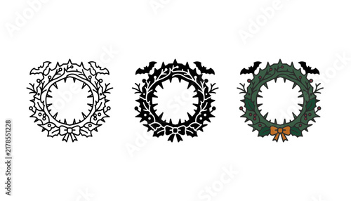 Set of three halloween wreaths with bats and thorns